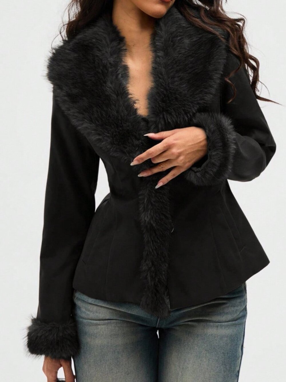 Black Elegant Women's Fuzzy Patchwork Coat